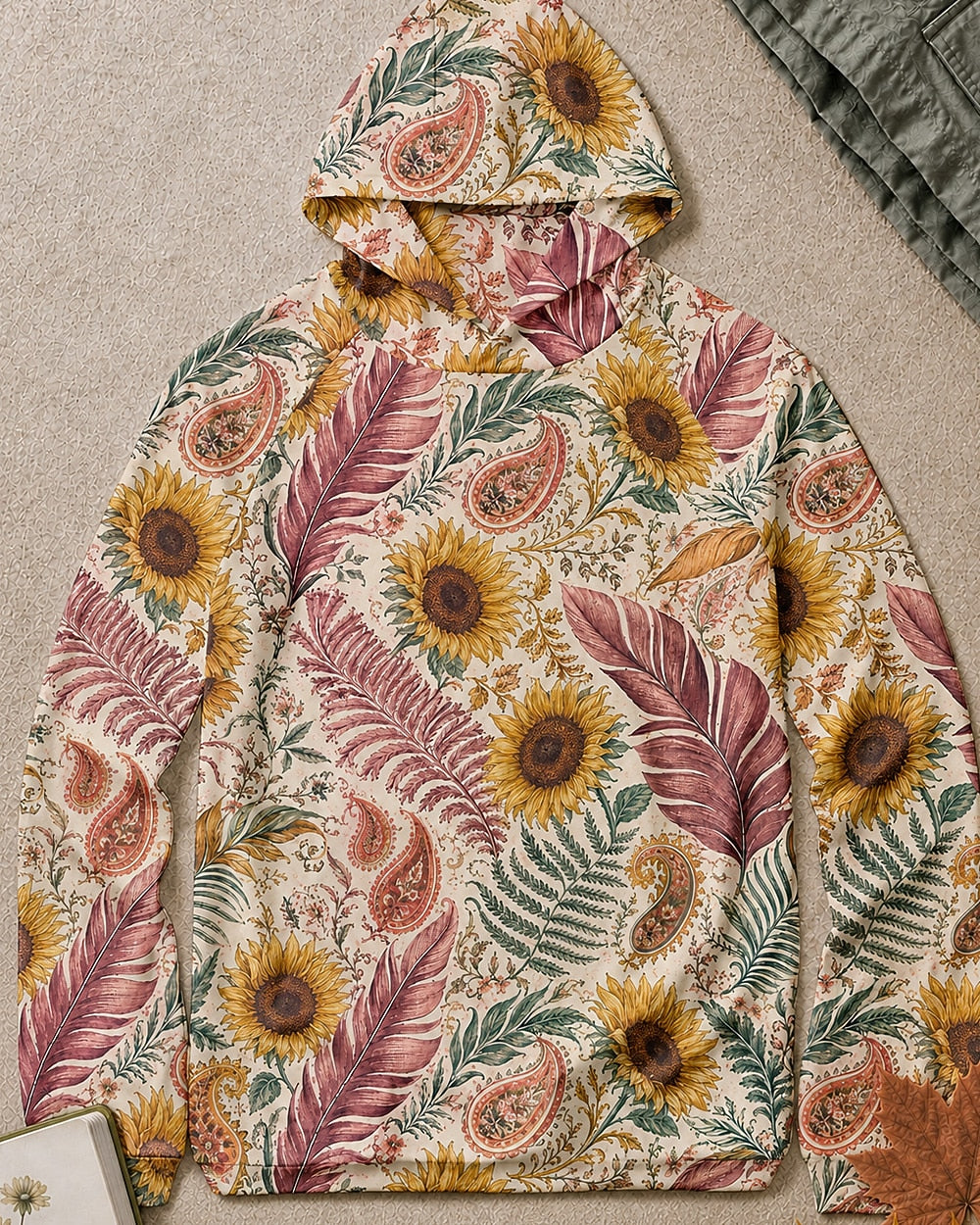 Women's pink sun hoodie with an all-over sunflower and paisley pattern, front view.
