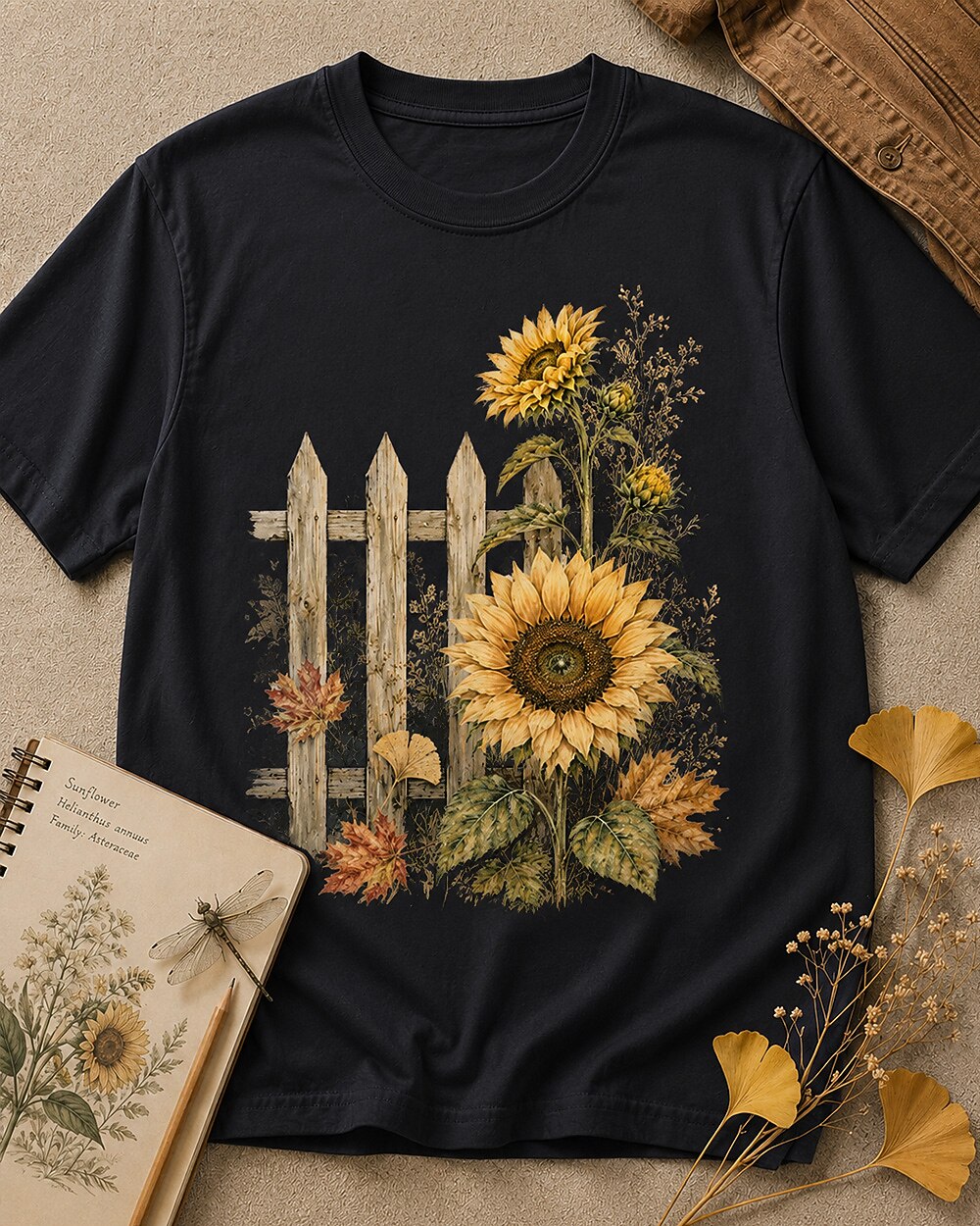 Women's black cotton T-shirt with sunflowers beside a picket fence, front view.