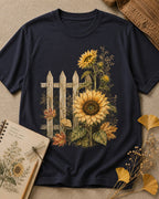 Women's dark navy cotton T-shirt with sunflowers beside a picket fence, front view.