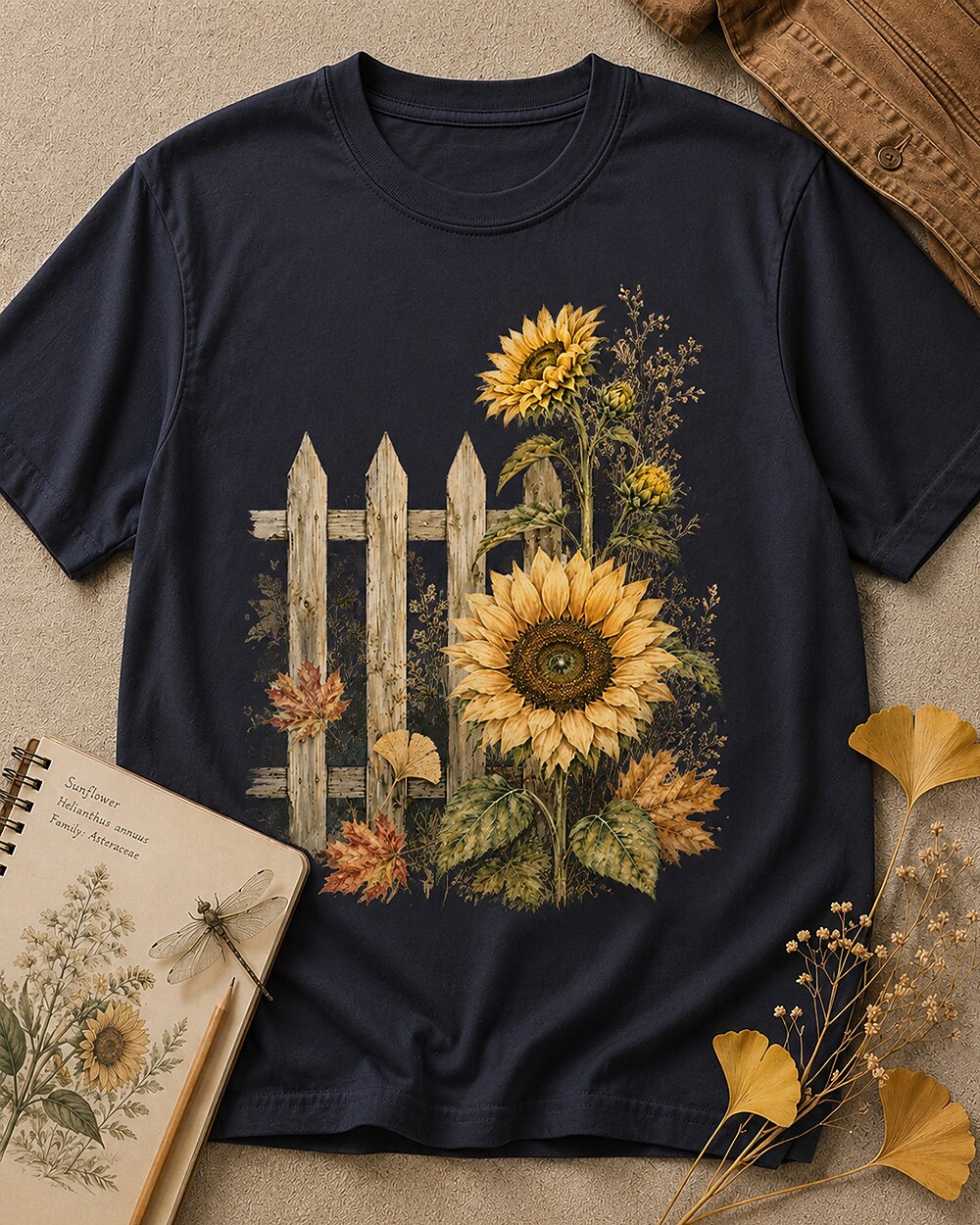 Women's dark navy cotton T-shirt with sunflowers beside a picket fence, front view.