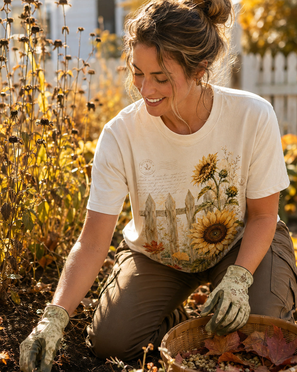 Woman wearing a off white cotton T-shirt with sunflowers beside a picket fence outdoors.