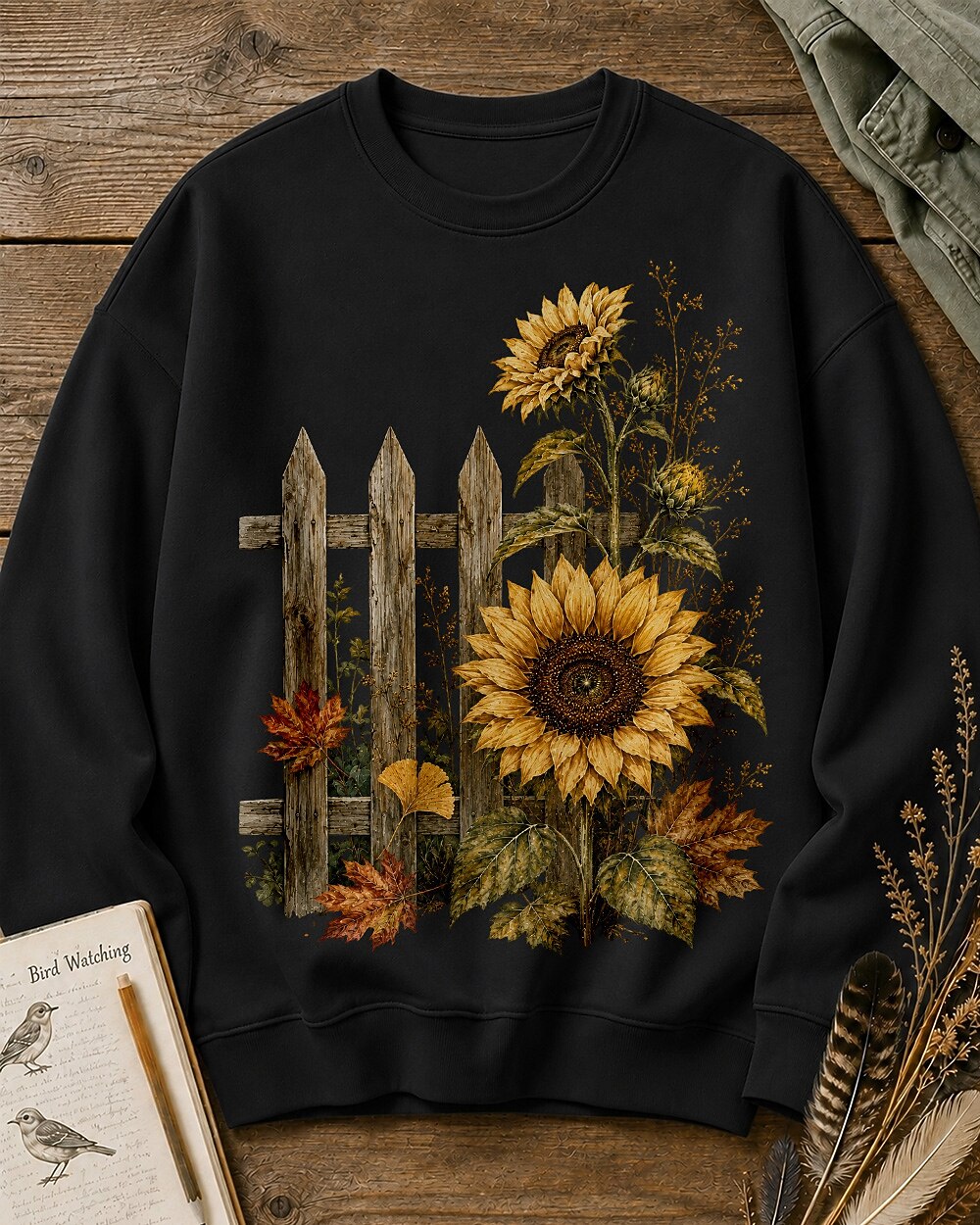 Women's black crewneck sweatshirt with sunflowers beside a picket fence, front view.