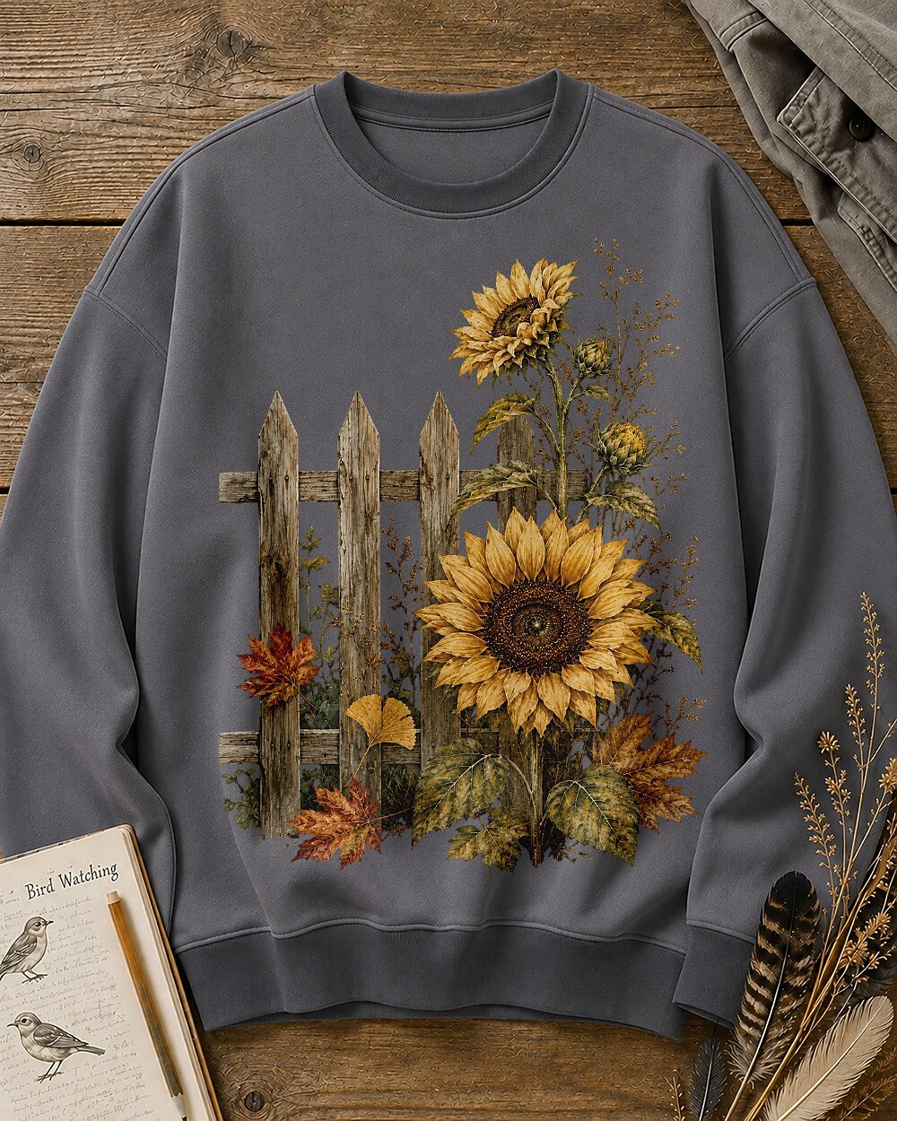 Women's gray crewneck sweatshirt with sunflowers beside a picket fence, front view.