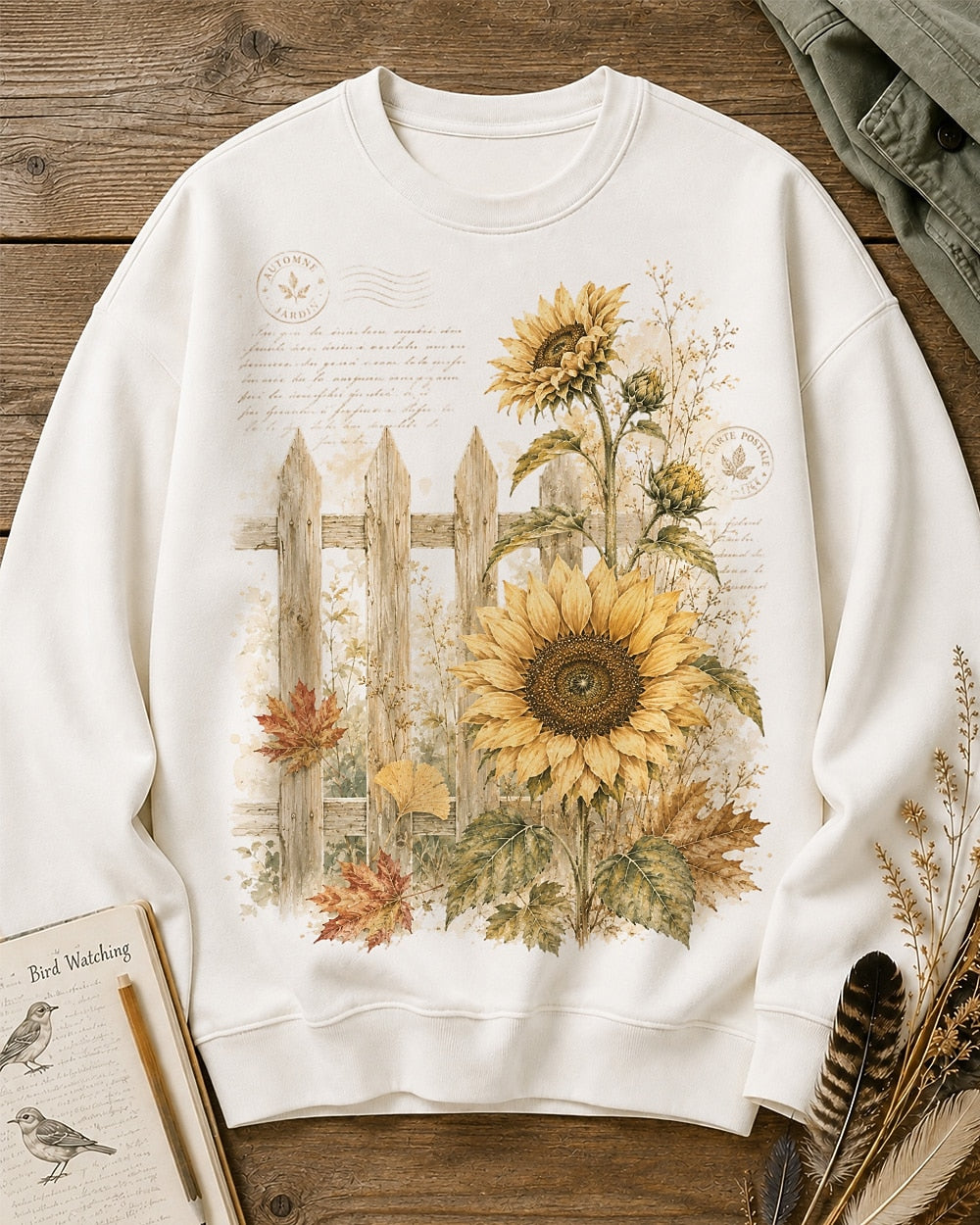 Women's white crewneck sweatshirt with sunflowers beside a picket fence, front view.