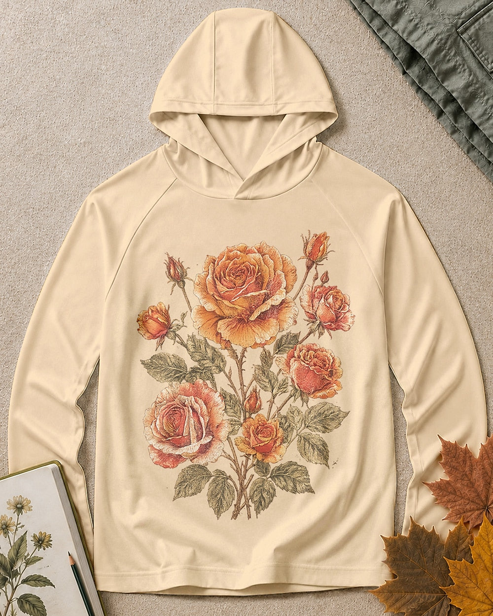 Women's light yellow sun hoodie with vintage roses and leafy stems, front view.