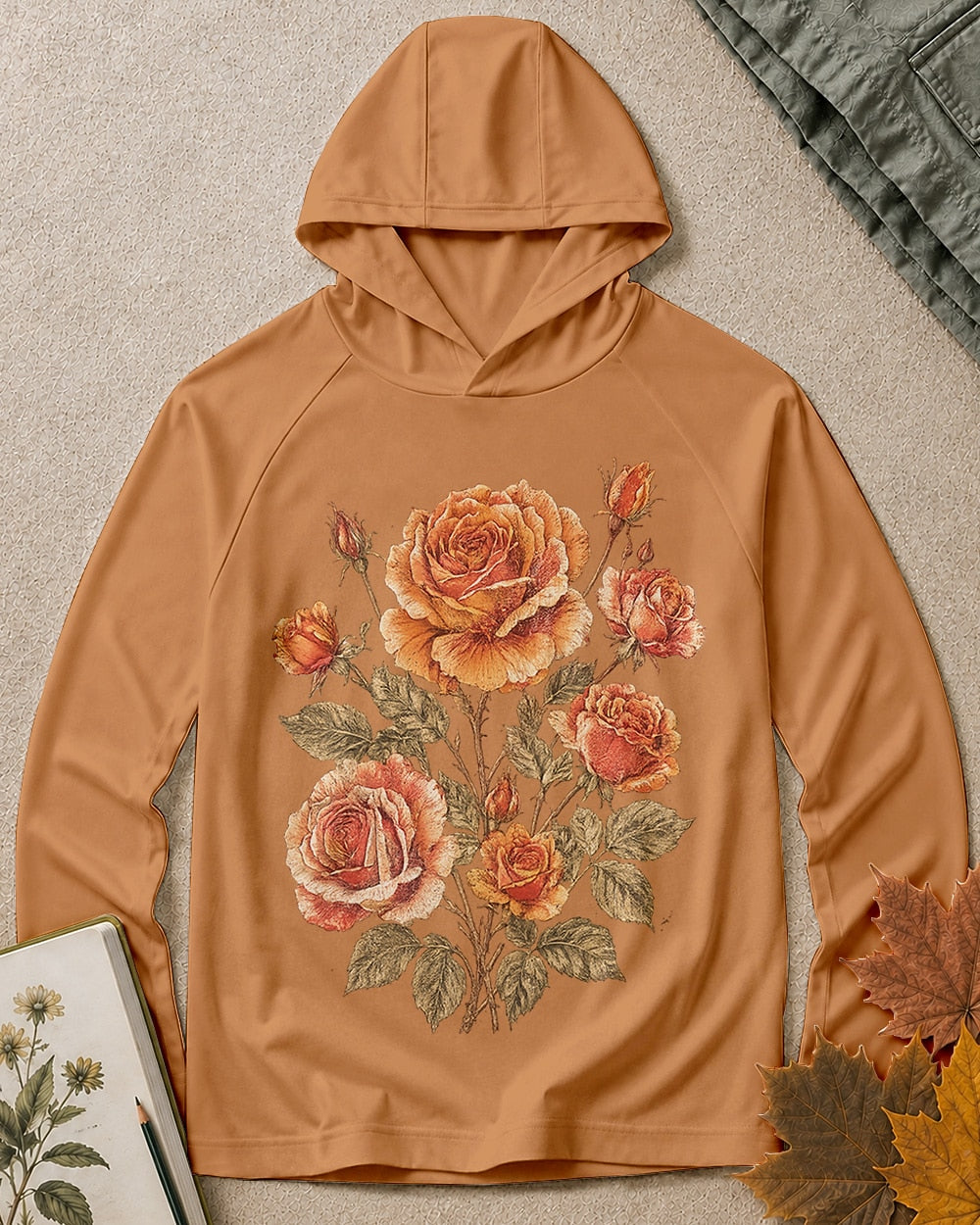 Women's orange sun hoodie with vintage roses and leafy stems, front view.