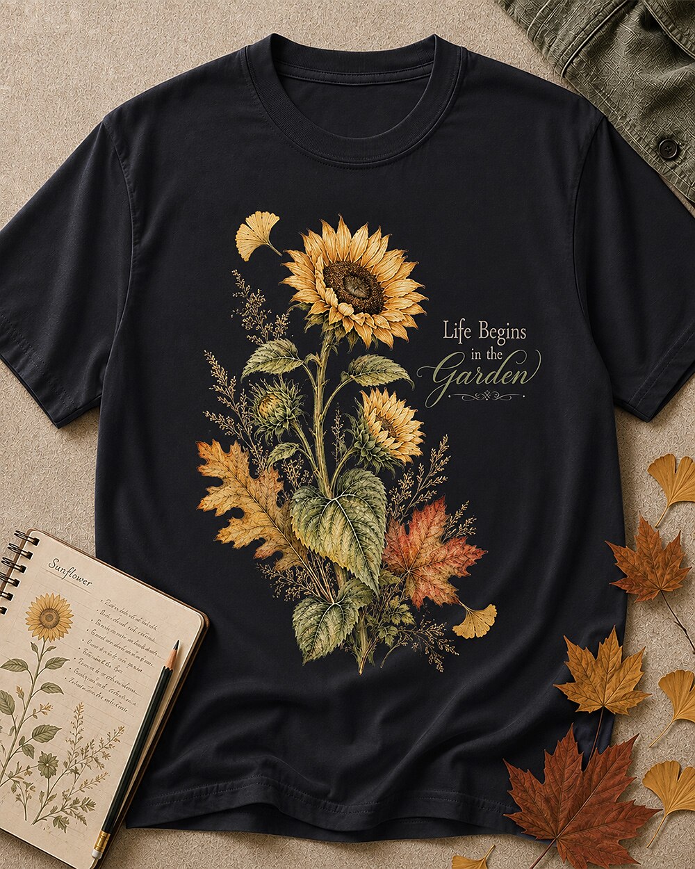 Women's black cotton T-shirt with vintage sunflowers and autumn leaves, front view.