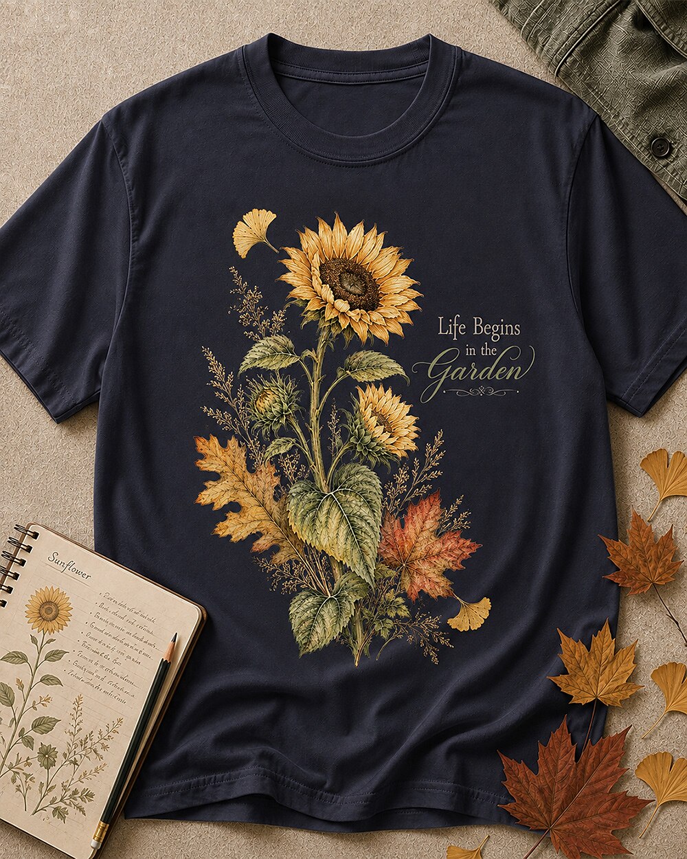 Women's dark navy cotton T-shirt with vintage sunflowers and autumn leaves, front view.