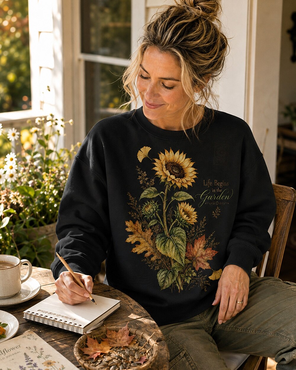 Woman wearing a black crewneck sweatshirt with vintage sunflowers and autumn leaves outdoors.