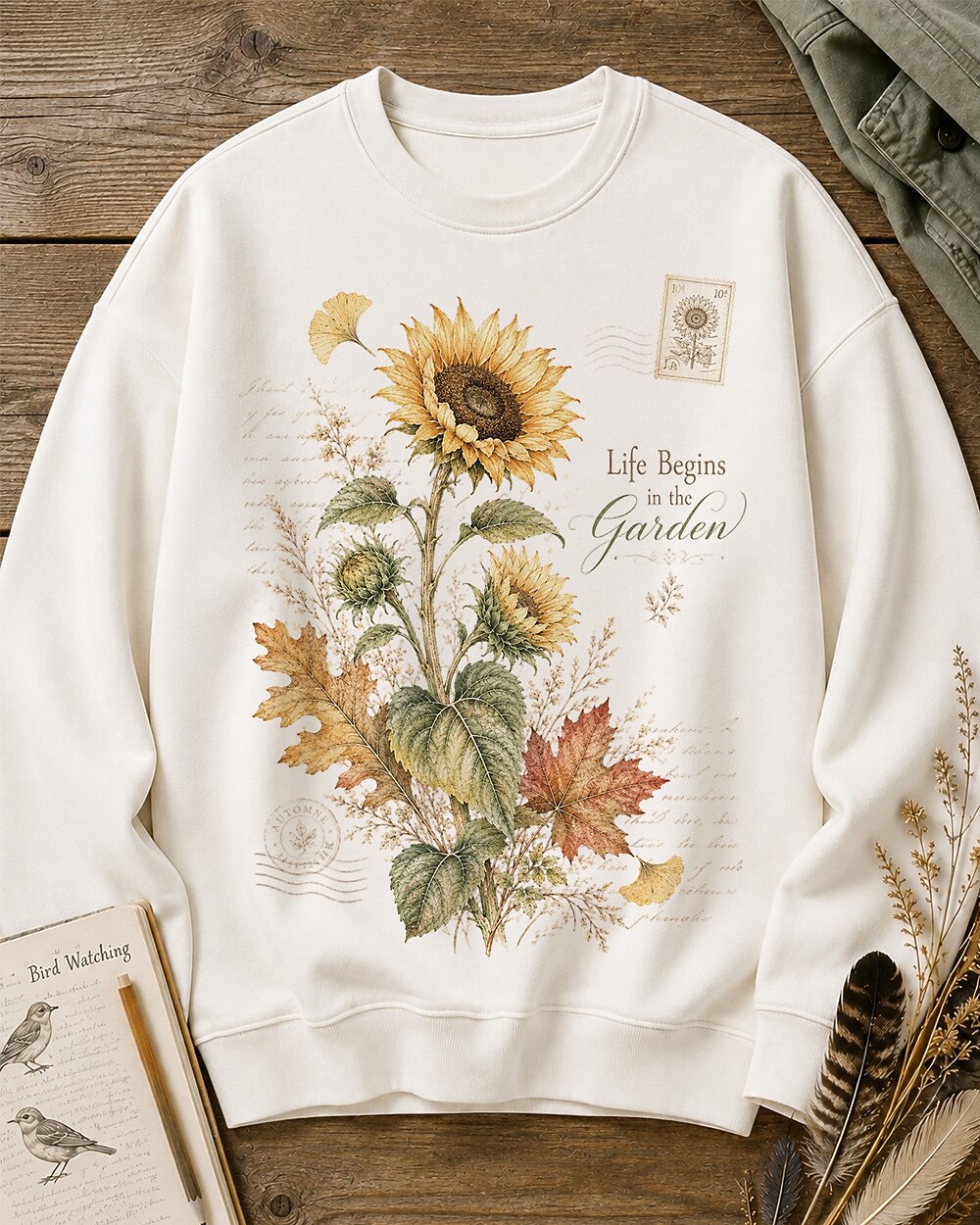 Women's white crewneck sweatshirt with vintage sunflowers and autumn leaves, front view.