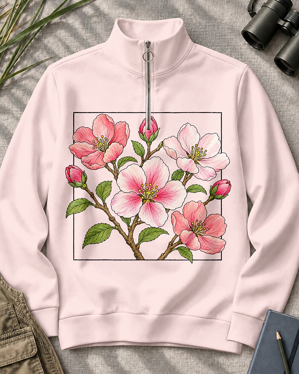Cherry Blossom Garden Quarter-Zip Stretch Sweatshirt Spandex UPF50+