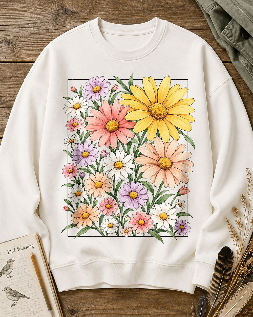 Daisy Garden Frame Floral Botanical Graphic Sweatshirt