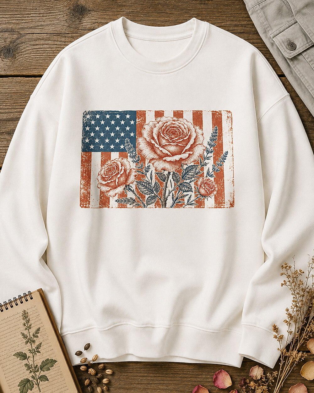 American Flag Rose Vintage Botanical Garden Sweatshirt