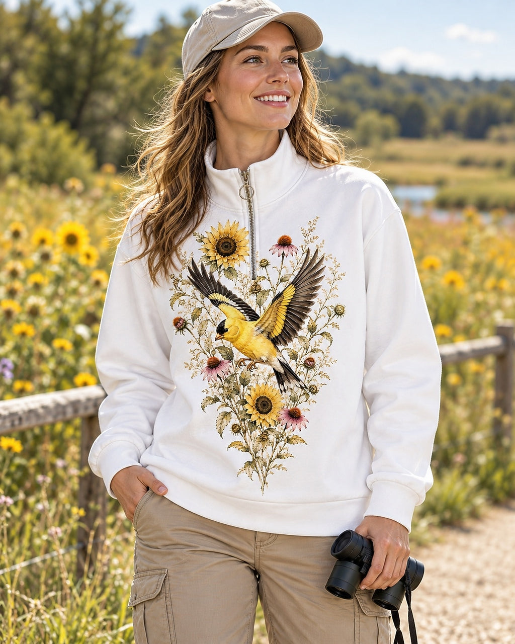 American Goldfinch Sunflower Wildflower UPF50+ Spandex Quarter-Zip Stretch Sweatshirt