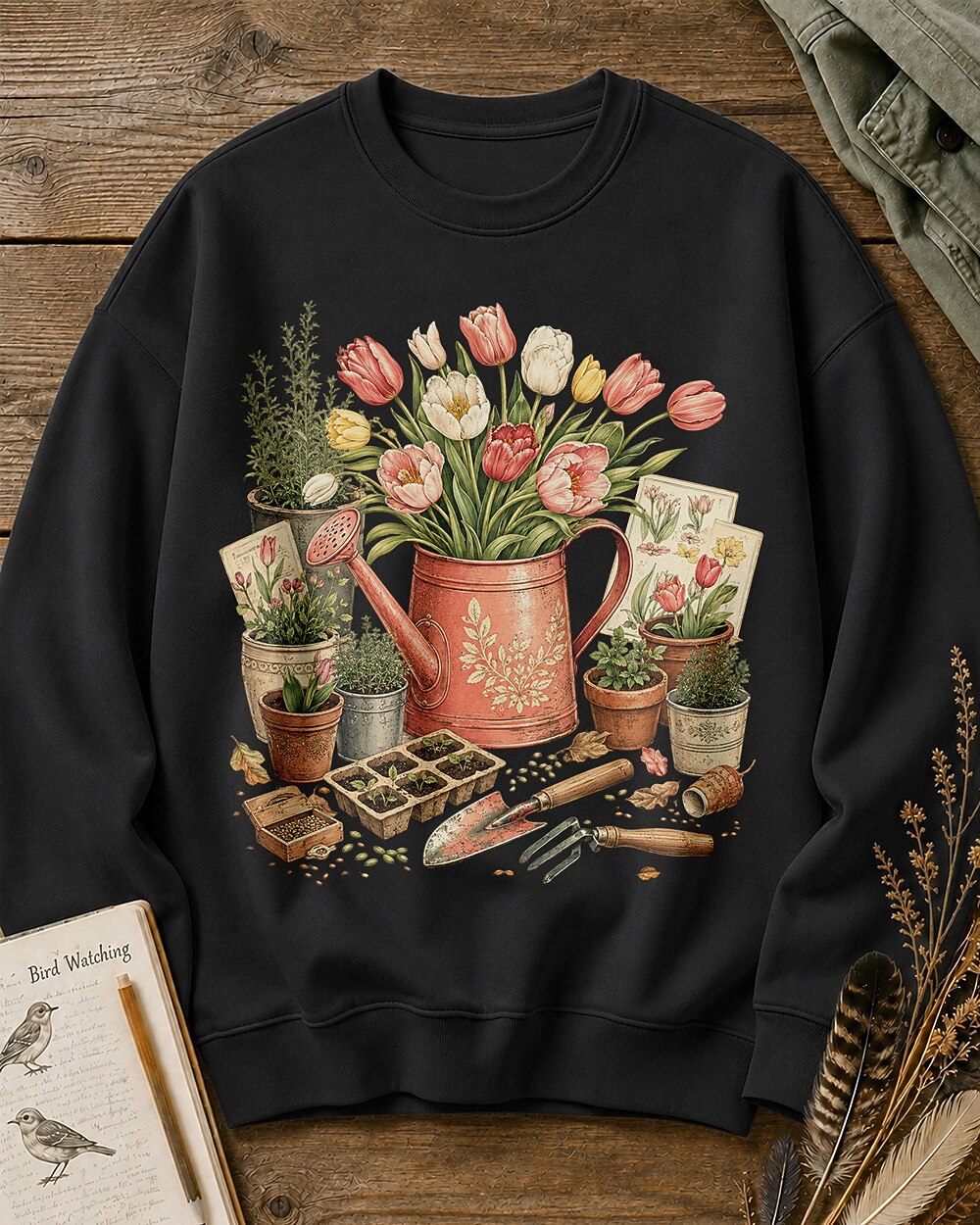Tulip Watering Can Cottage Garden Floral Sweatshirt