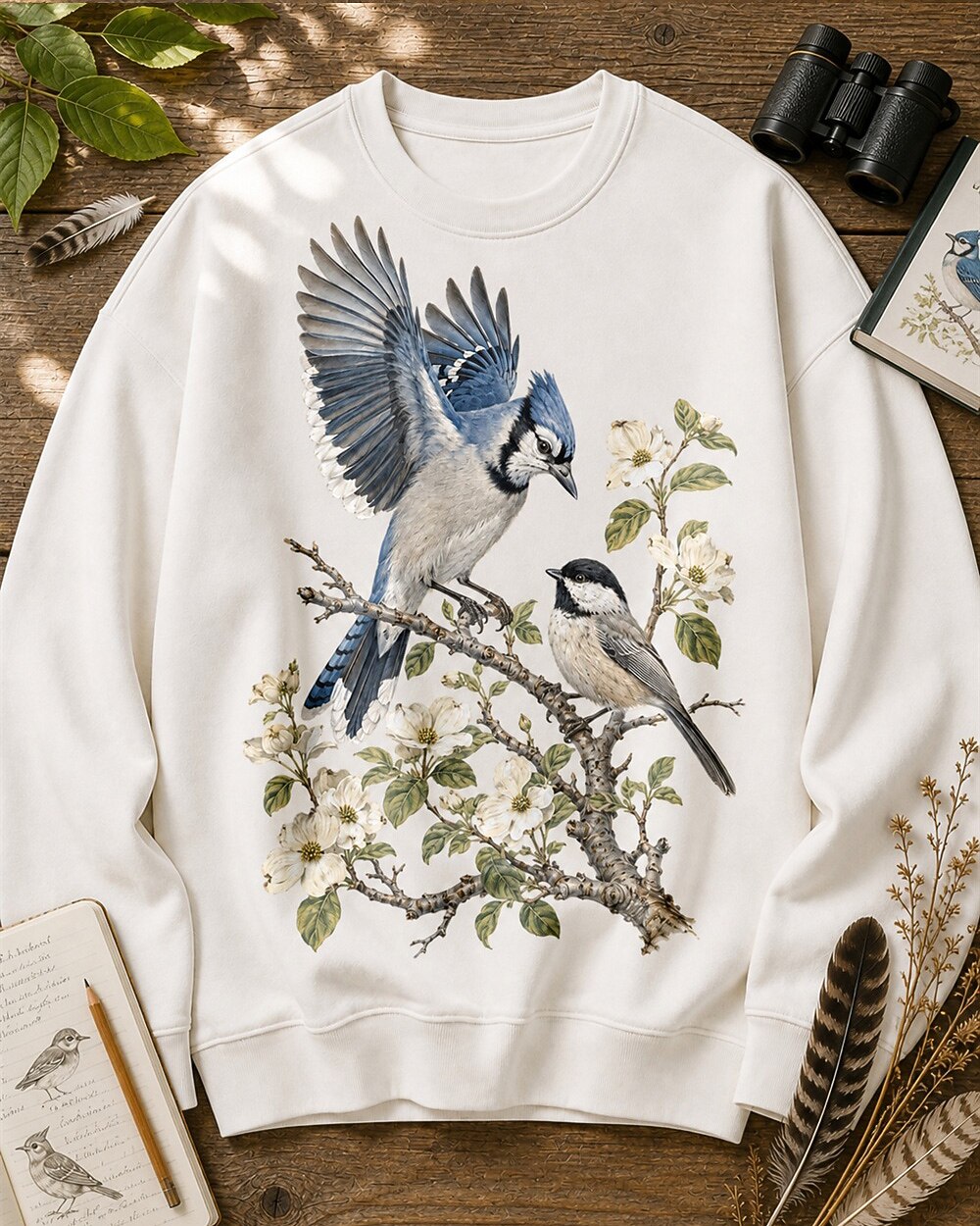 Blue Jay Pair Sunflower Vintage Birdwatching Sweatshirt