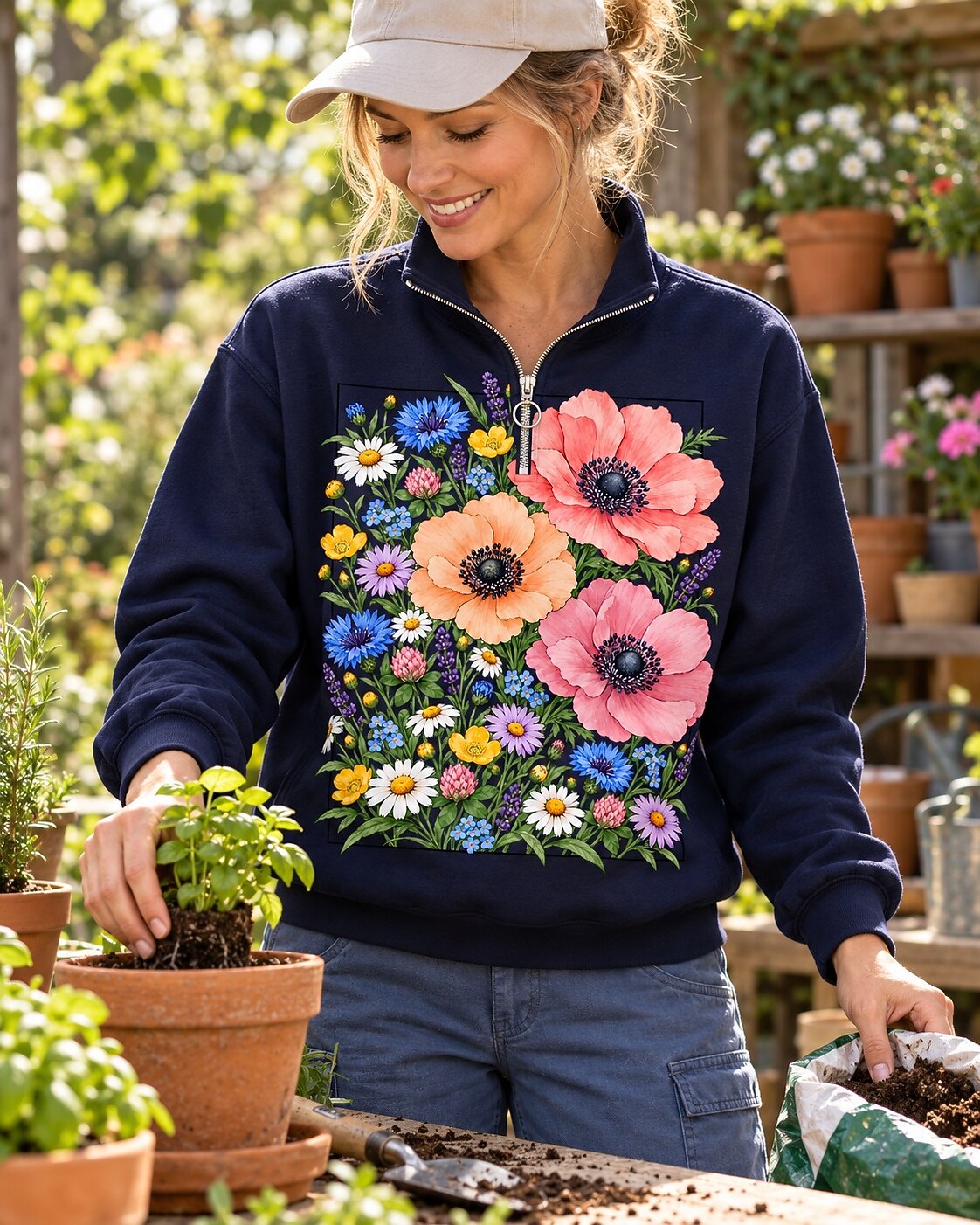 Poppy Wildflower Garden Quarter-Zip Stretch Sweatshirt Spandex UPF50+