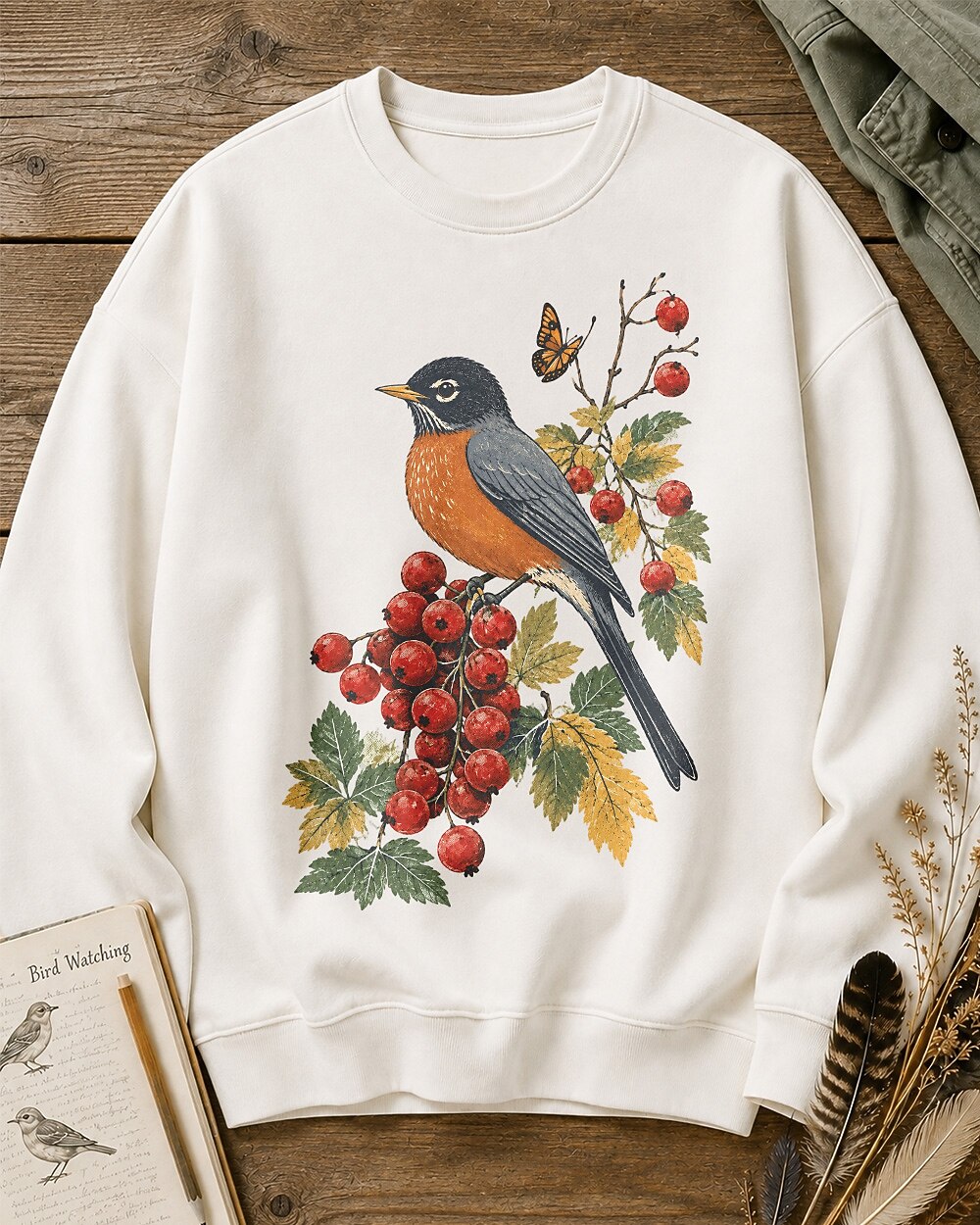 American Robin Red Currant Autumn Birdwatching Sweatshirt