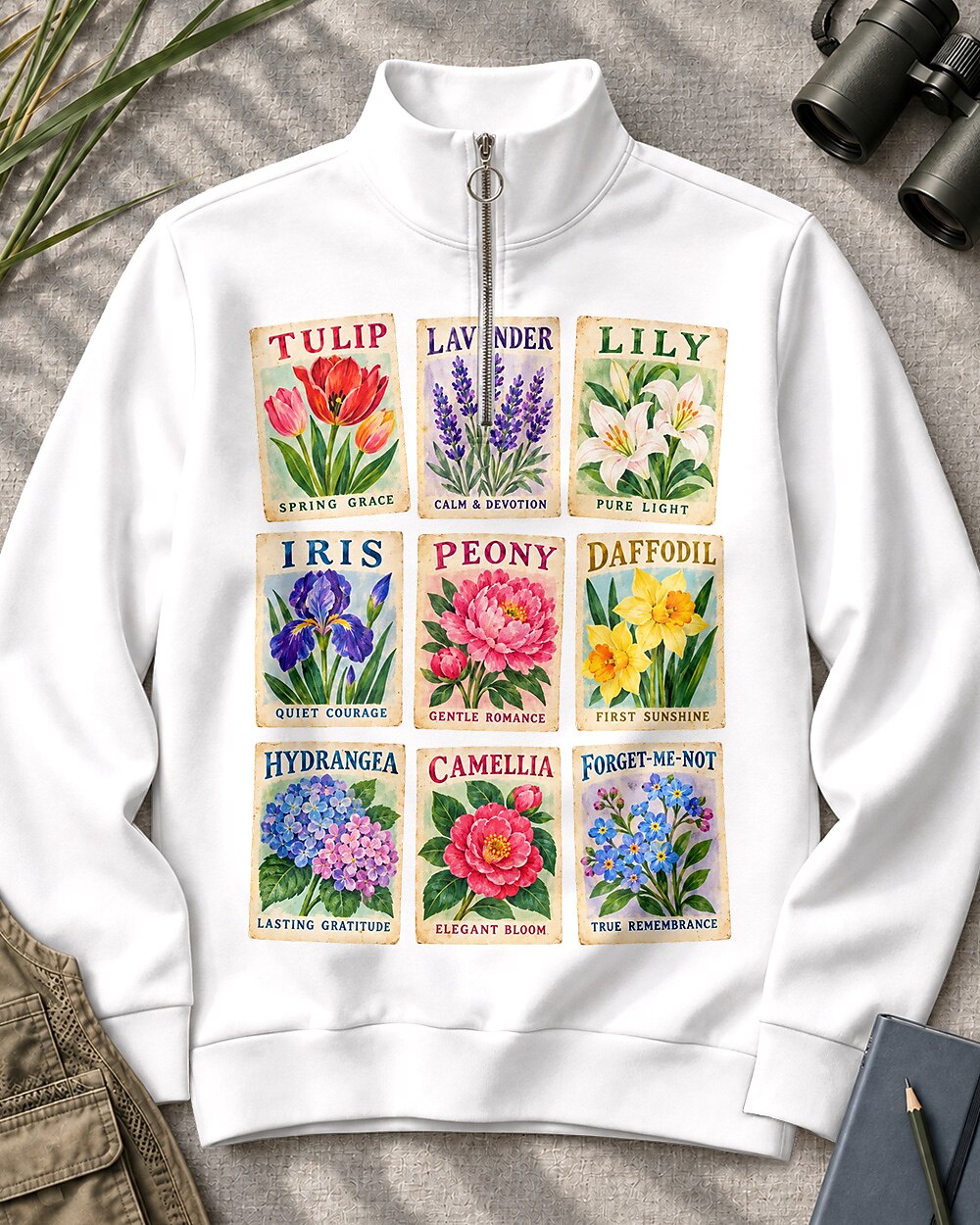 Botanical Flower Cards Quarter-Zip Stretch Sweatshirt Spandex UPF50+