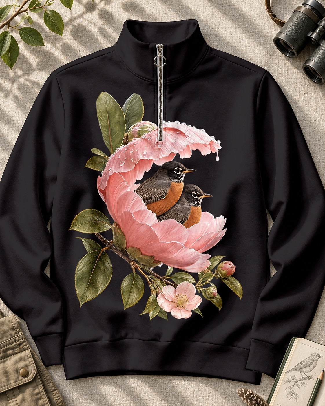American Robin Peony Floral UPF50+ Spandex Quarter-Zip Stretch Sweatshirt