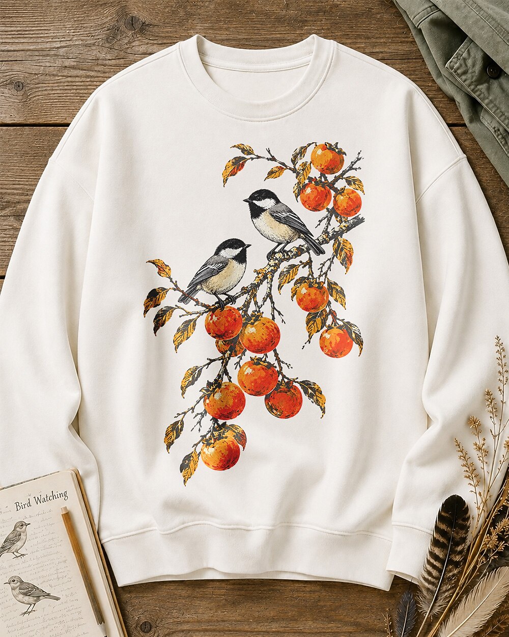 Black Capped Chickadee Persimmon Branch Autumn Bird Watching Sweatshirt