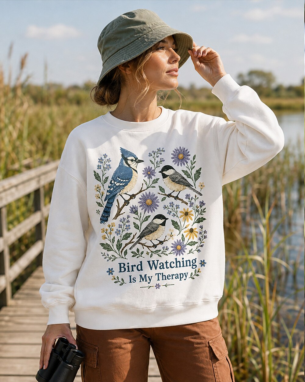 Blue Jay Chickadee Wildflower Bird Watching Therapy Sweatshirt