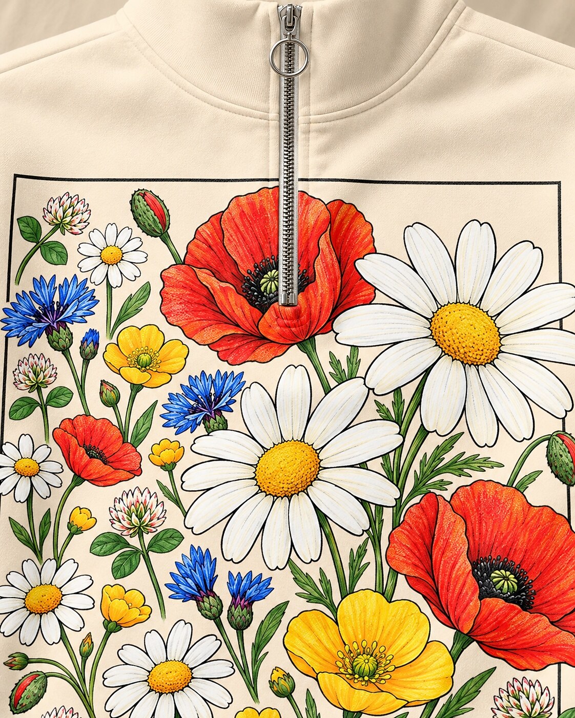 Wildflower Poppy Daisy Quarter-Zip Stretch Sweatshirt Spandex UPF50+