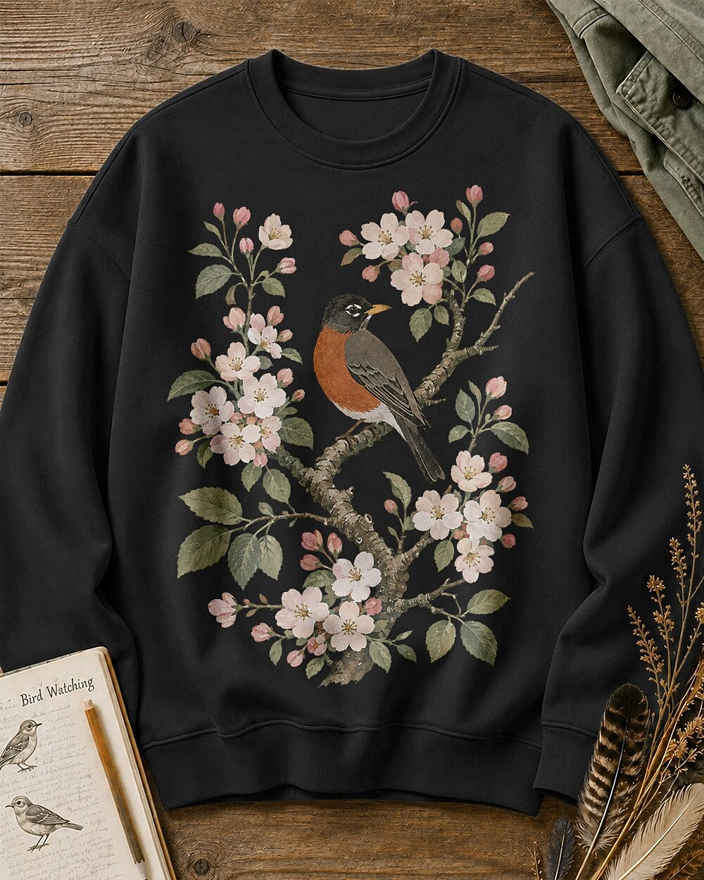 American Robin Apple Blossom Vintage Bird Watching Sweatshirt