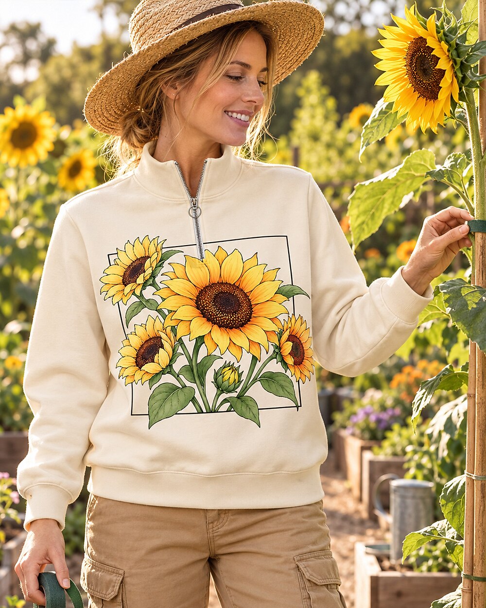 Sunflower Bouquet Garden Quarter-Zip Stretch Sweatshirt Spandex UPF50+