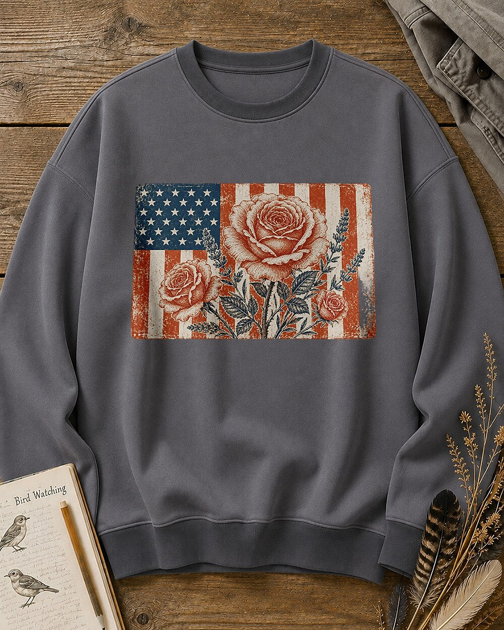 American Flag Rose Vintage Botanical Garden Sweatshirt