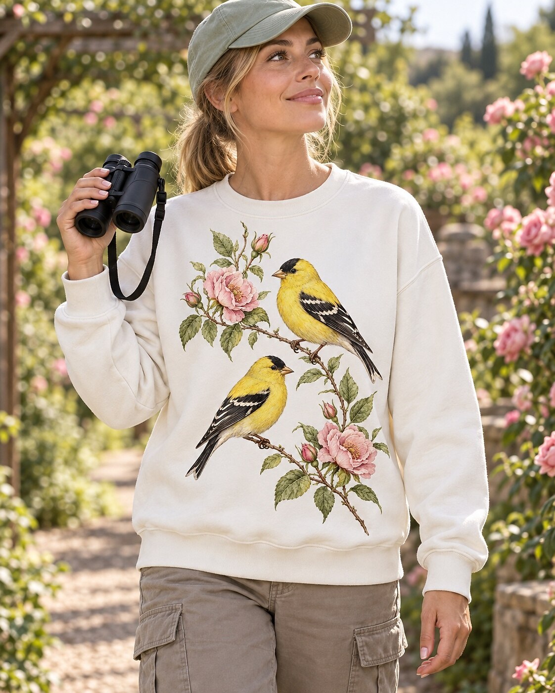 American Goldfinch Pair Rose Blossom Backyard Bird Watching Sweatshirt