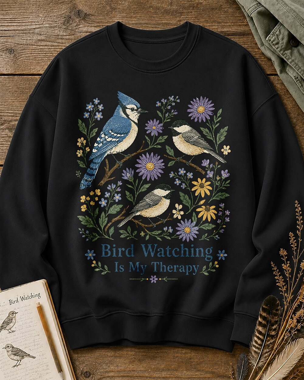 Blue Jay Chickadee Wildflower Bird Watching Therapy Sweatshirt