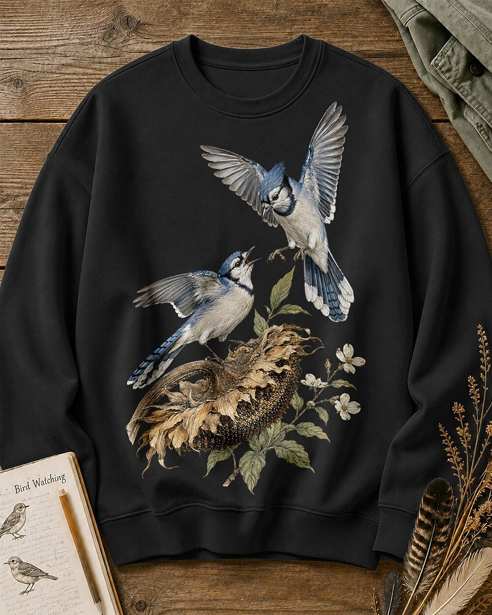 Blue Jay Pair Sunflower Country Garden Sweatshirt